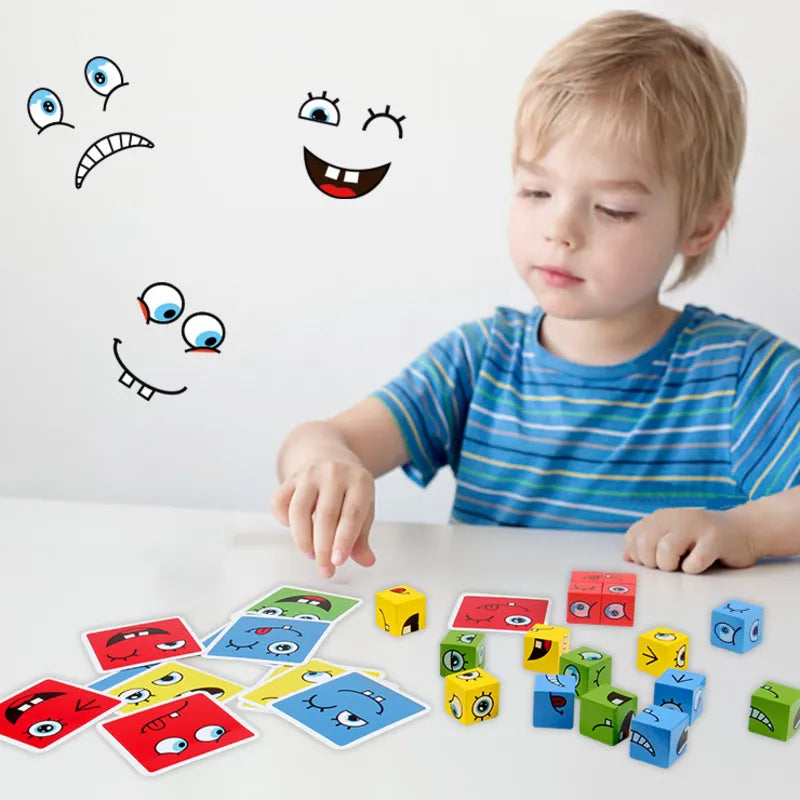 Cube Face Change Building Blocks Board Game Wood Puzzle Expression Wooden Blocks For Kids Gift Little Artist Drawing Hub