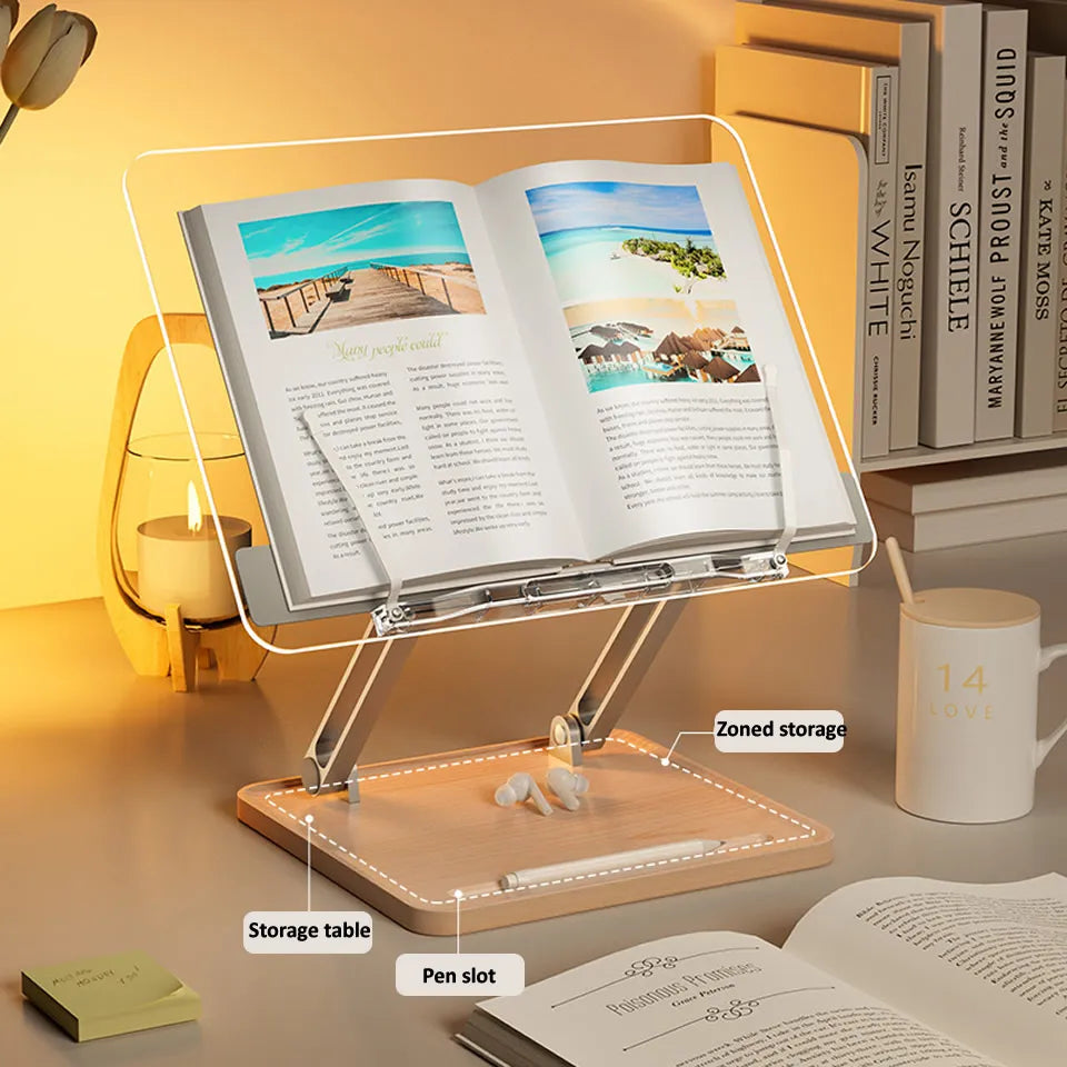 OUTMIX Wooden Reading Stand Transparent Acrylic Multifunctional Lifting Tablet Holder Laptop Bracket Desktop Storage Bookshelf Little Artist Drawing Hub