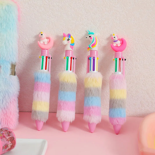 Colour Kids Unicorn Plush Ball-point Pen Rainbow Gel Pen Cartoon Girl for Handwriting Little Artist Drawing Hub