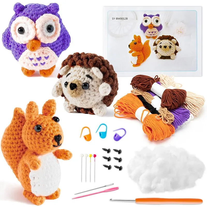 Beginner Crochet Kit for Kids Owl Hedgehog Squirrel Cotton Crochet Starter DIY Craft Complete Material Pack Handicraft Supplies Little Artist Drawing Hub