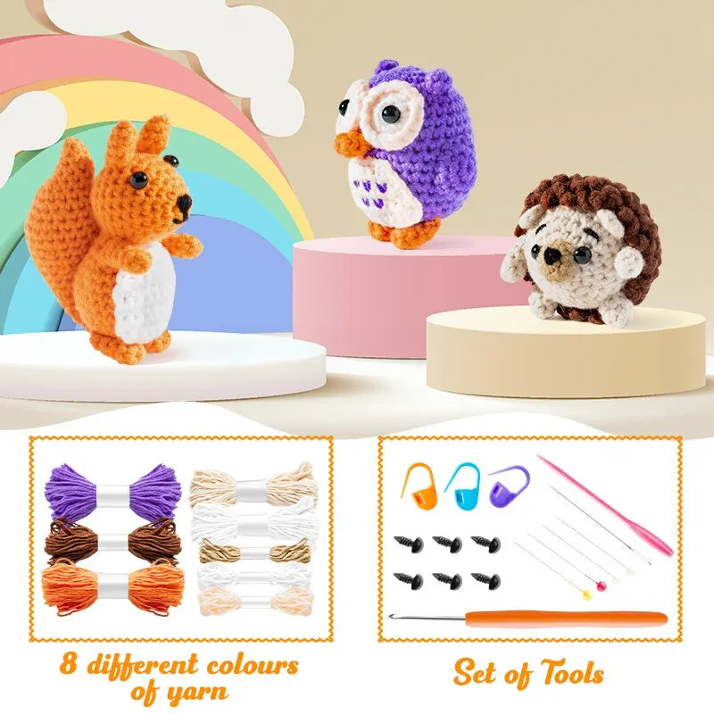 Beginner Crochet Kit for Kids Owl Hedgehog Squirrel Cotton Crochet Starter DIY Craft Complete Material Pack Handicraft Supplies Little Artist Drawing Hub