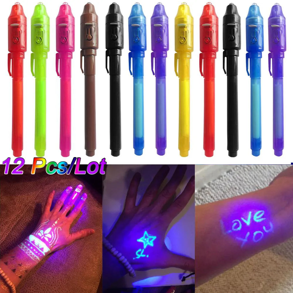 Invisible Ink Pen 12 Spy Pens with UV Light, Magic Marker for Secret Message for Kids Gift Little Artist Drawing Hub