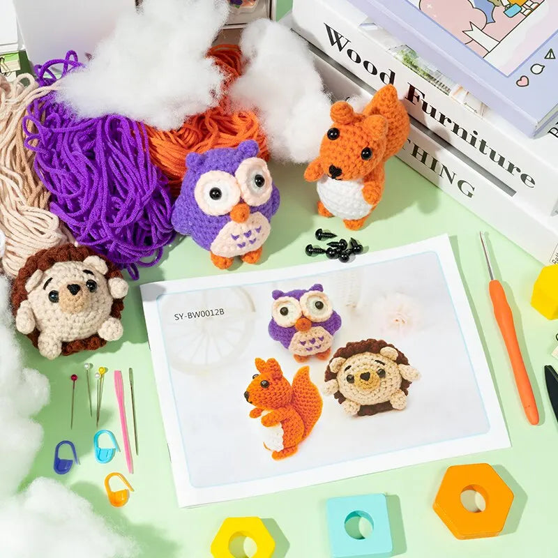 Beginner Crochet Kit for Kids Owl Hedgehog Squirrel Cotton Crochet Starter DIY Craft Complete Material Pack Handicraft Supplies Little Artist Drawing Hub