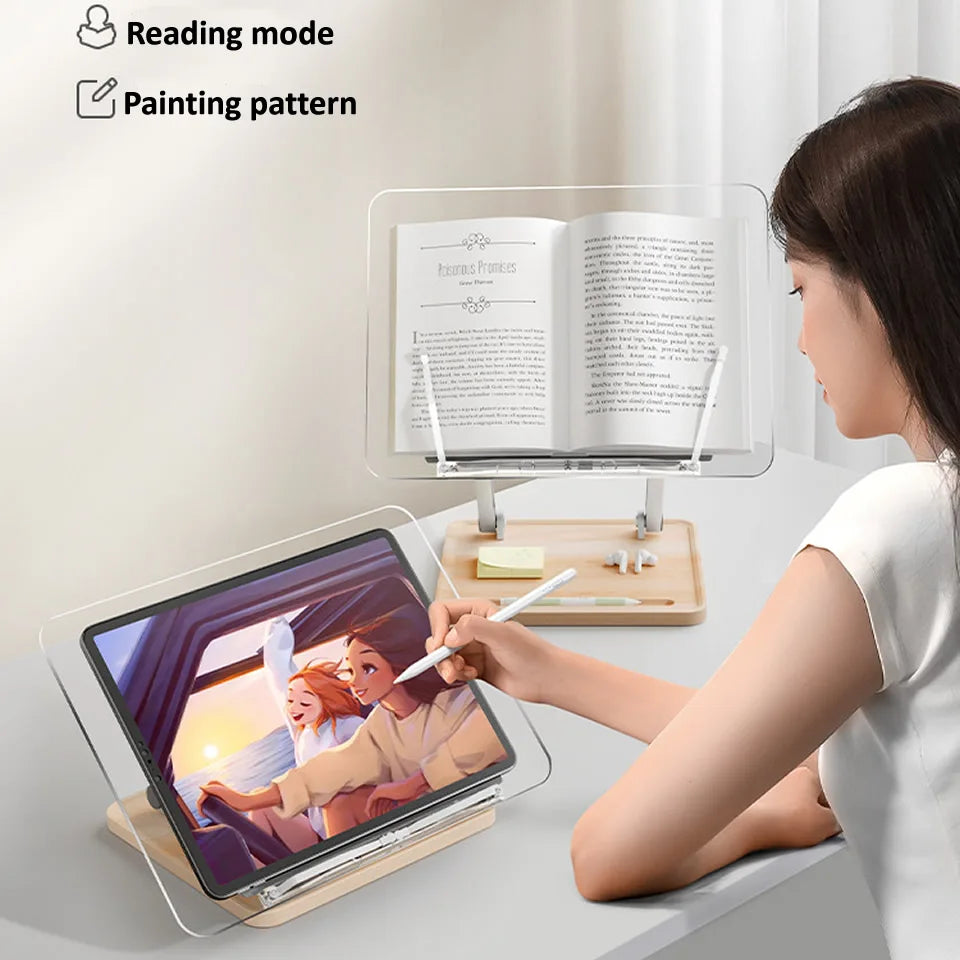 OUTMIX Wooden Reading Stand Transparent Acrylic Multifunctional Lifting Tablet Holder Laptop Bracket Desktop Storage Bookshelf Little Artist Drawing Hub