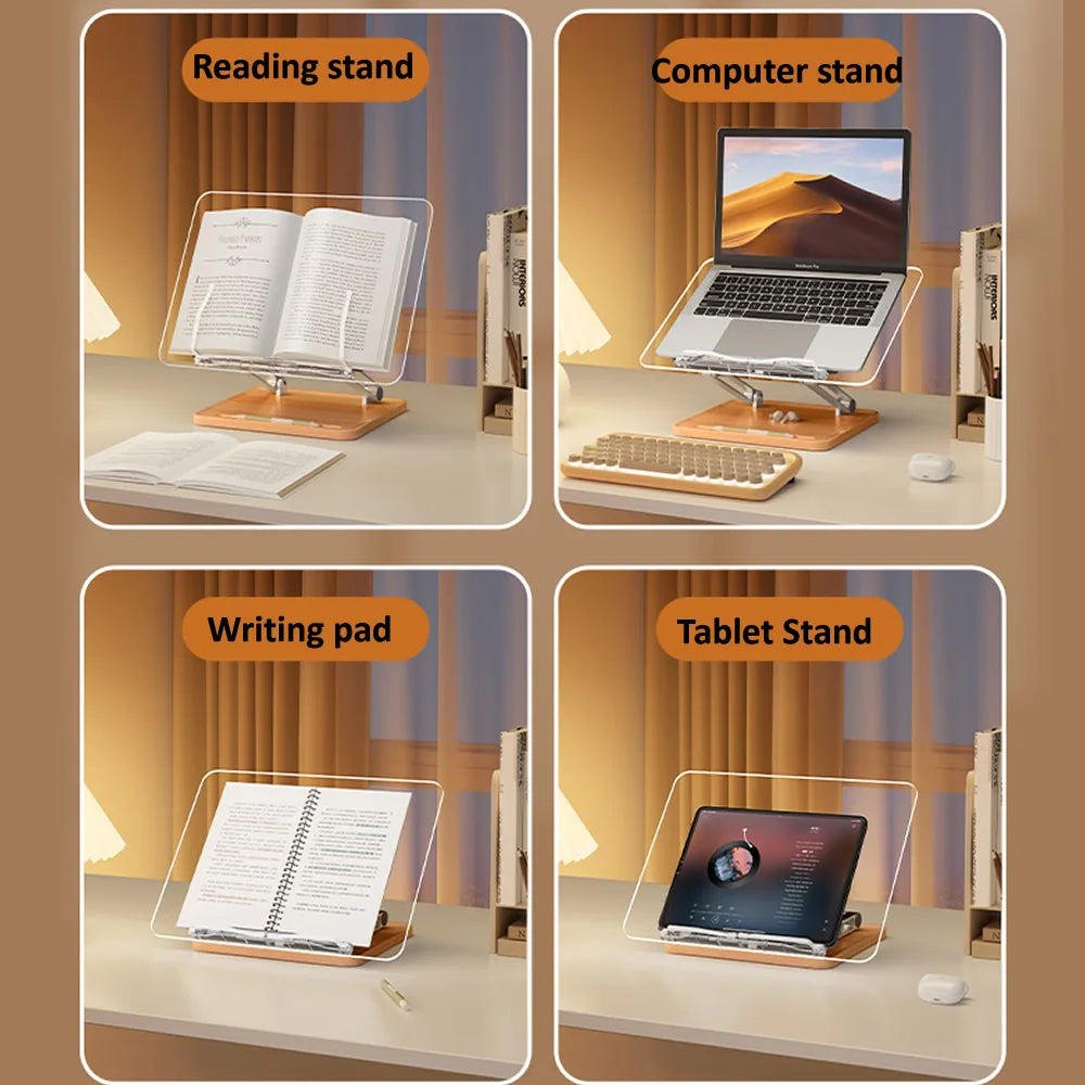 OUTMIX Wooden Reading Stand Transparent Acrylic Multifunctional Lifting Tablet Holder Laptop Bracket Desktop Storage Bookshelf Little Artist Drawing Hub