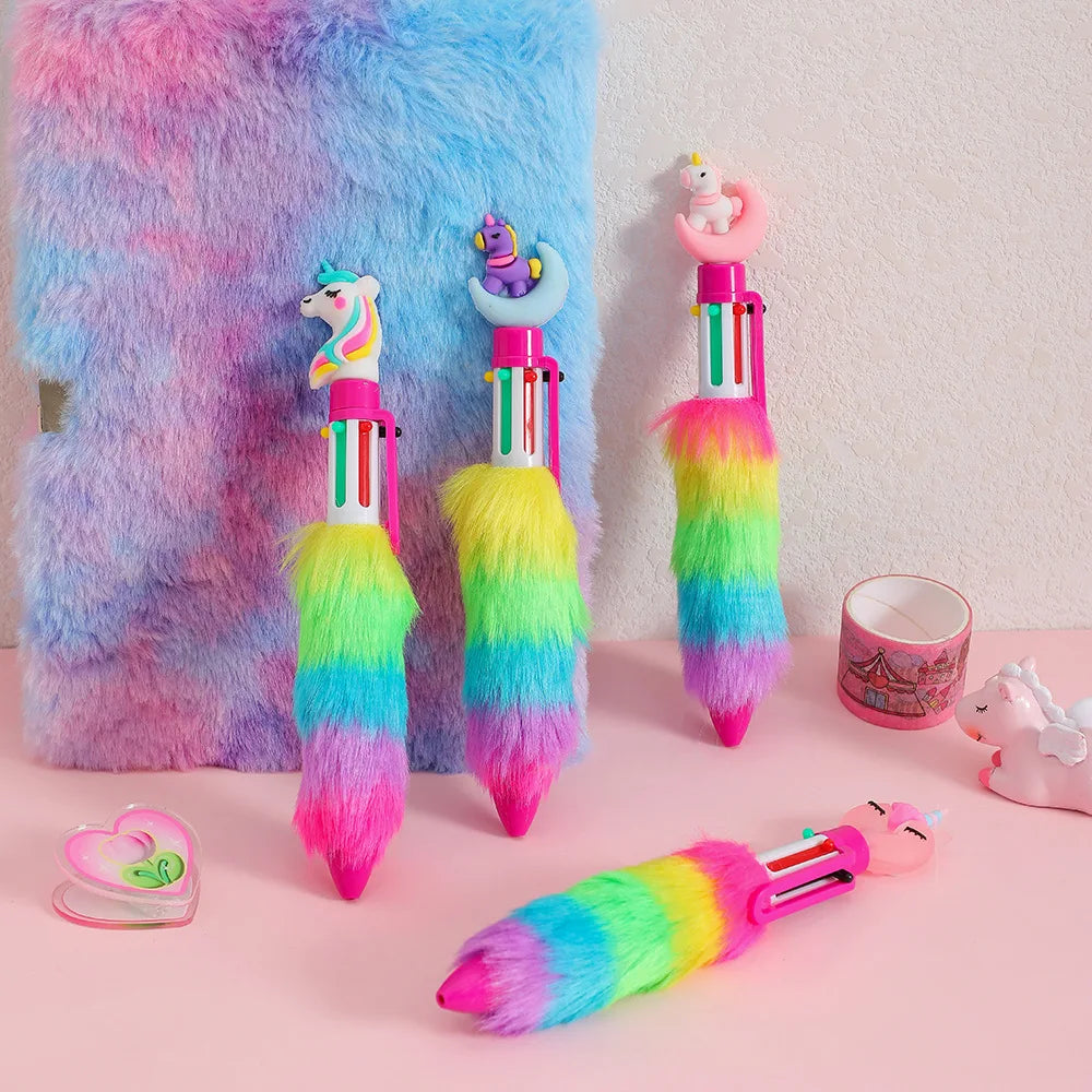 Colour Kids Unicorn Plush Ball-point Pen Rainbow Gel Pen Cartoon Girl for Handwriting Little Artist Drawing Hub