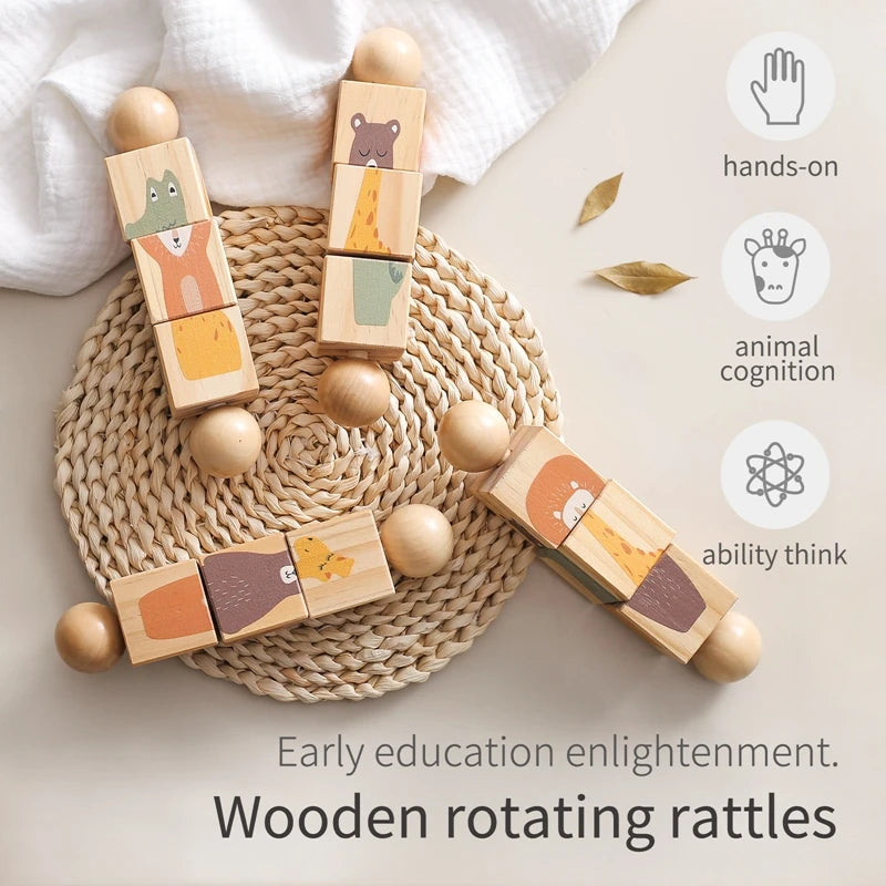 Baby Wooden Rotating Rattle Animal Matching Building Blocks Newborn Puzzle Toy Little Artist Hub