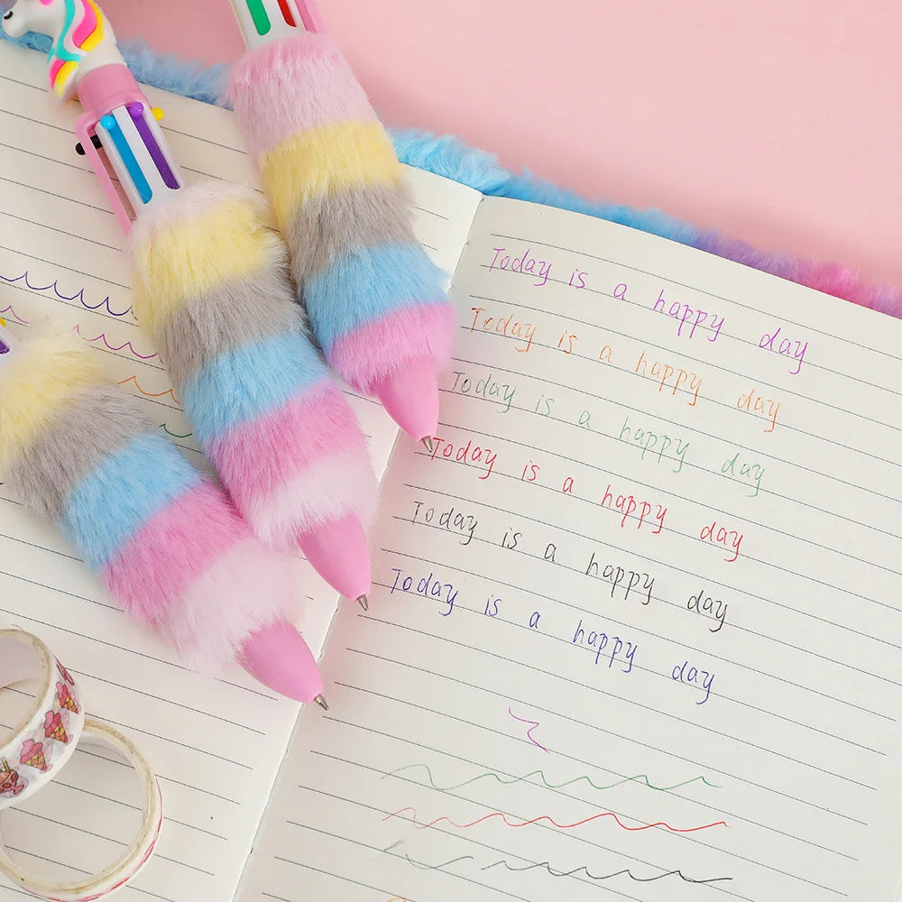 Colour Kids Unicorn Plush Ball-point Pen Rainbow Gel Pen Cartoon Girl for Handwriting Little Artist Drawing Hub
