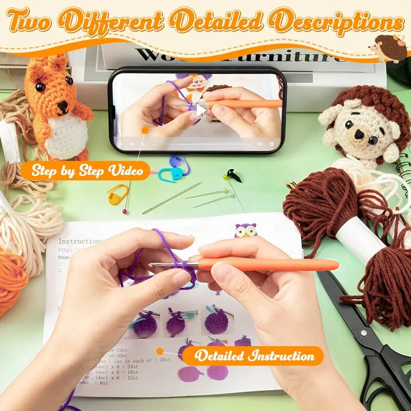 Beginner Crochet Kit for Kids Owl Hedgehog Squirrel Cotton Crochet Starter DIY Craft Complete Material Pack Handicraft Supplies Little Artist Drawing Hub