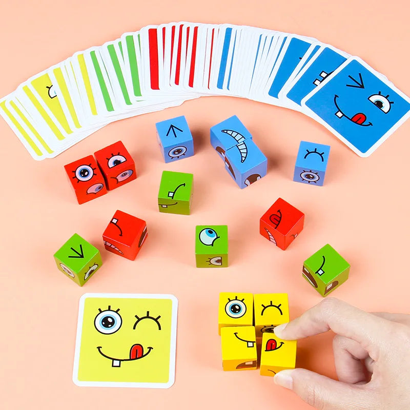 Cube Face Change Building Blocks Board Game Wood Puzzle Expression Wooden Blocks For Kids Gift Little Artist Drawing Hub